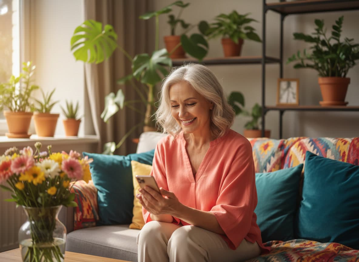 Woman smiling while connecting with her AI companion